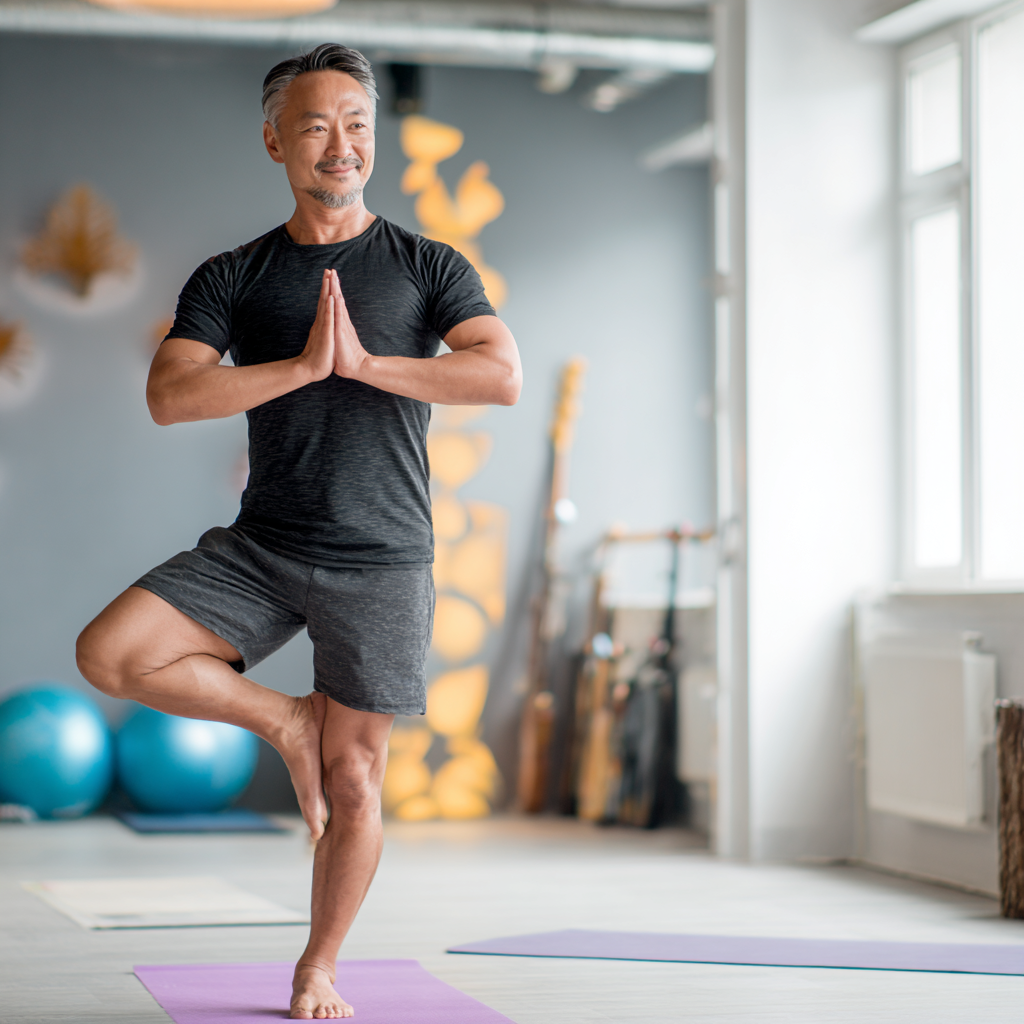 Улыбающаяся казахская женщина средних лет в белой йога одежде выполняет позу лотоса на коврике, солнечный фон студии йоги