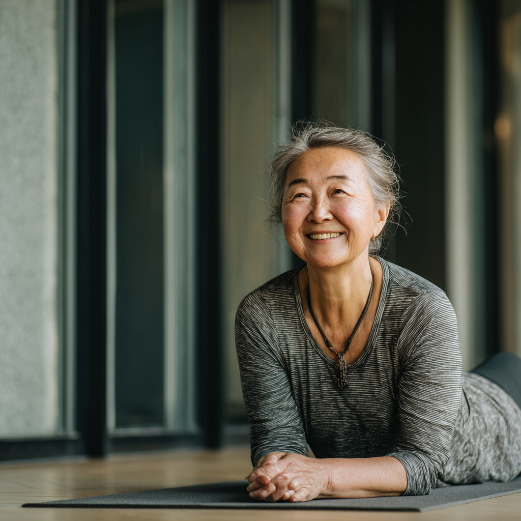 Улыбающаяся казахская женщина 35 лет в спортивной одежде после успешного занятия йогой, выглядит здоровой и довольной