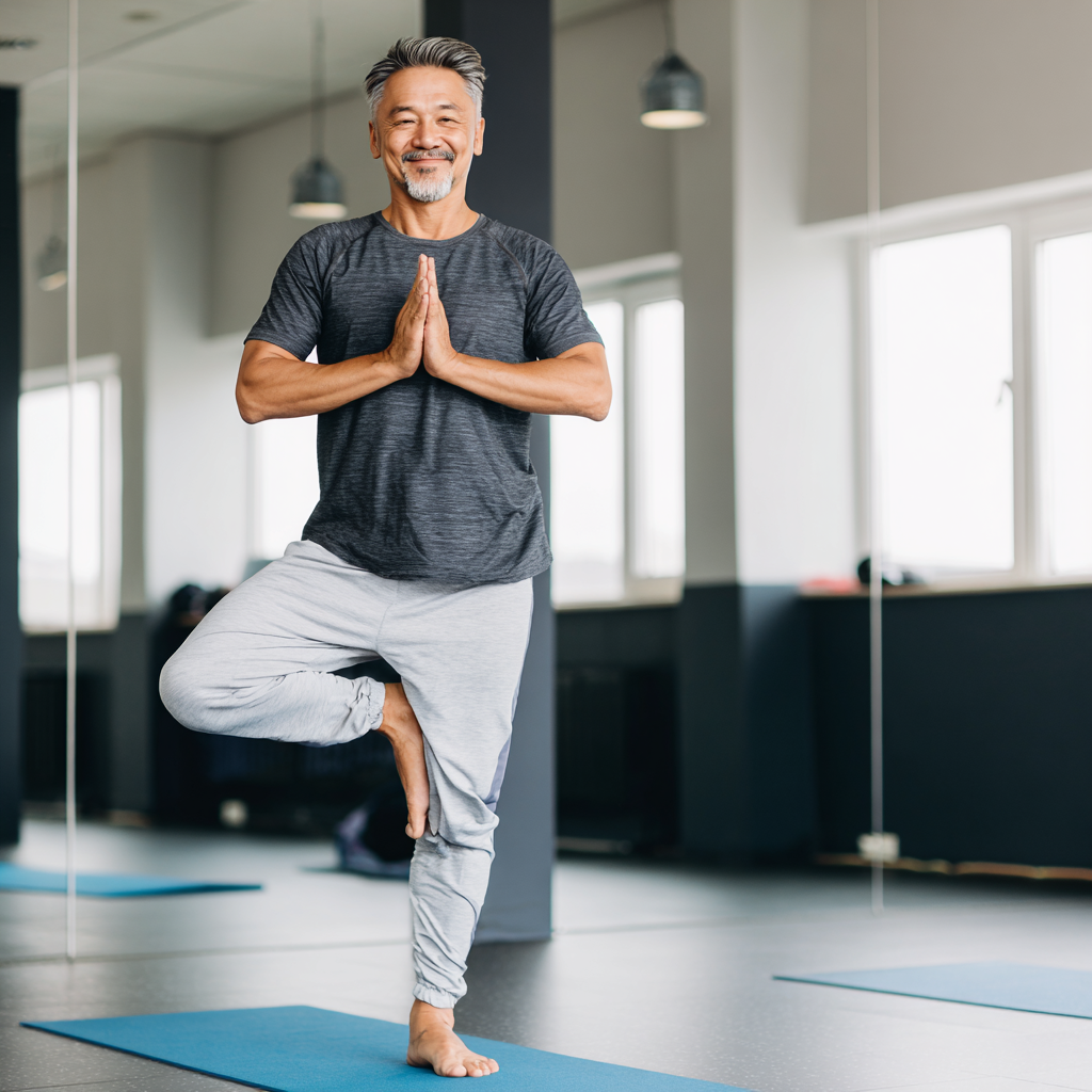 Группа улыбающихся людей разного возраста казахской внешности после занятия йогой в студии jentiroq, атмосфера дружбы и достижения